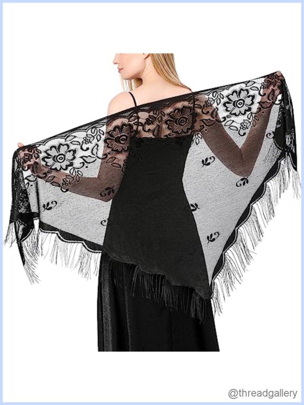 Lace Triangle Shawl Wrap with Tassels Floral Sheer Evening
